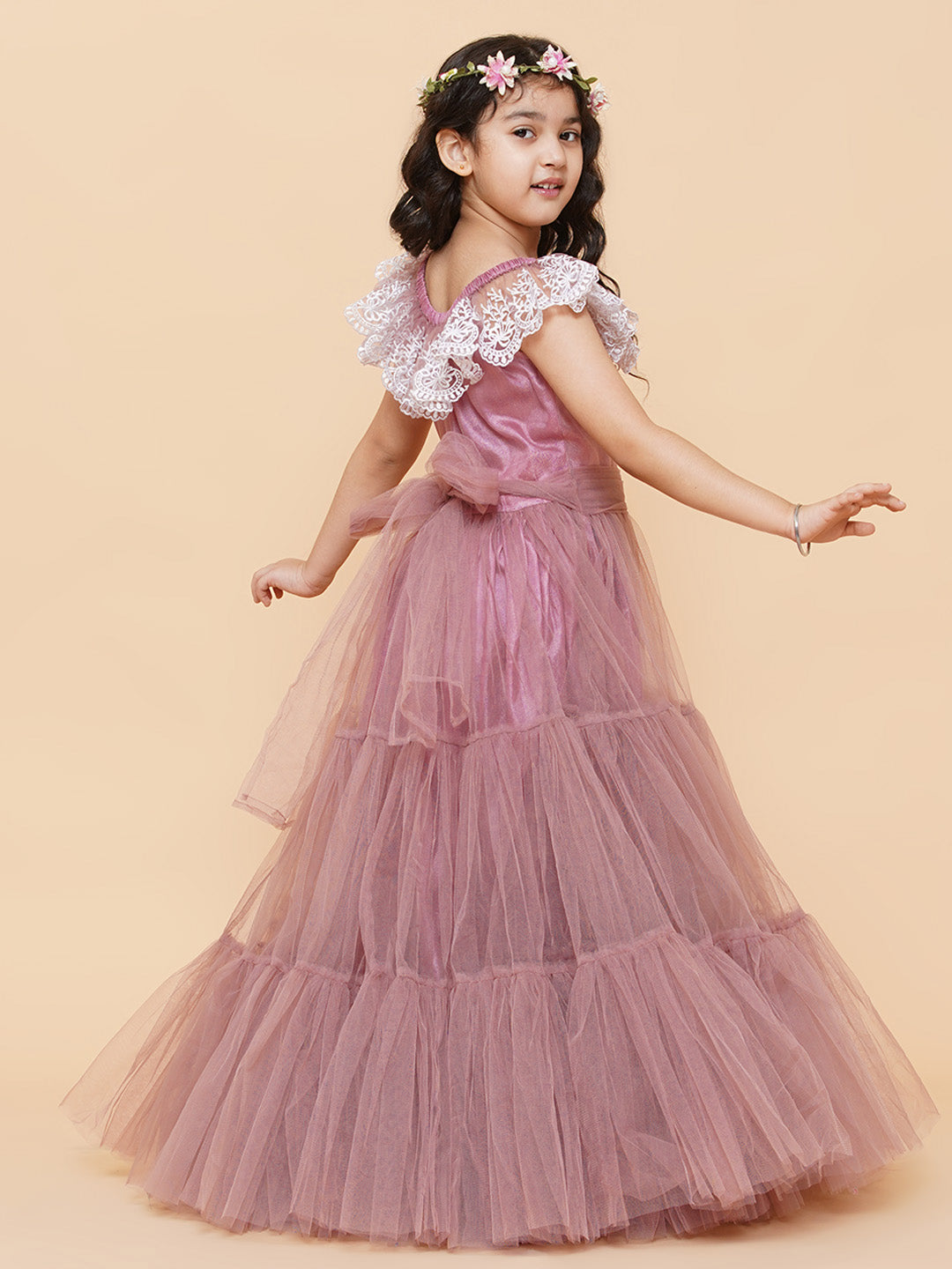 Girls Pink & White Floral Embroidered Net Mexi Dress for Kids - Bhama - Distacart