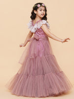 Thumbnail for Girls Pink & White Floral Embroidered Net Mexi Dress for Kids - Bhama - Distacart