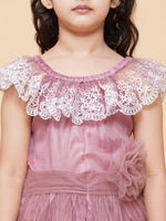 Thumbnail for Girls Pink & White Floral Embroidered Net Mexi Dress for Kids - Bhama - Distacart