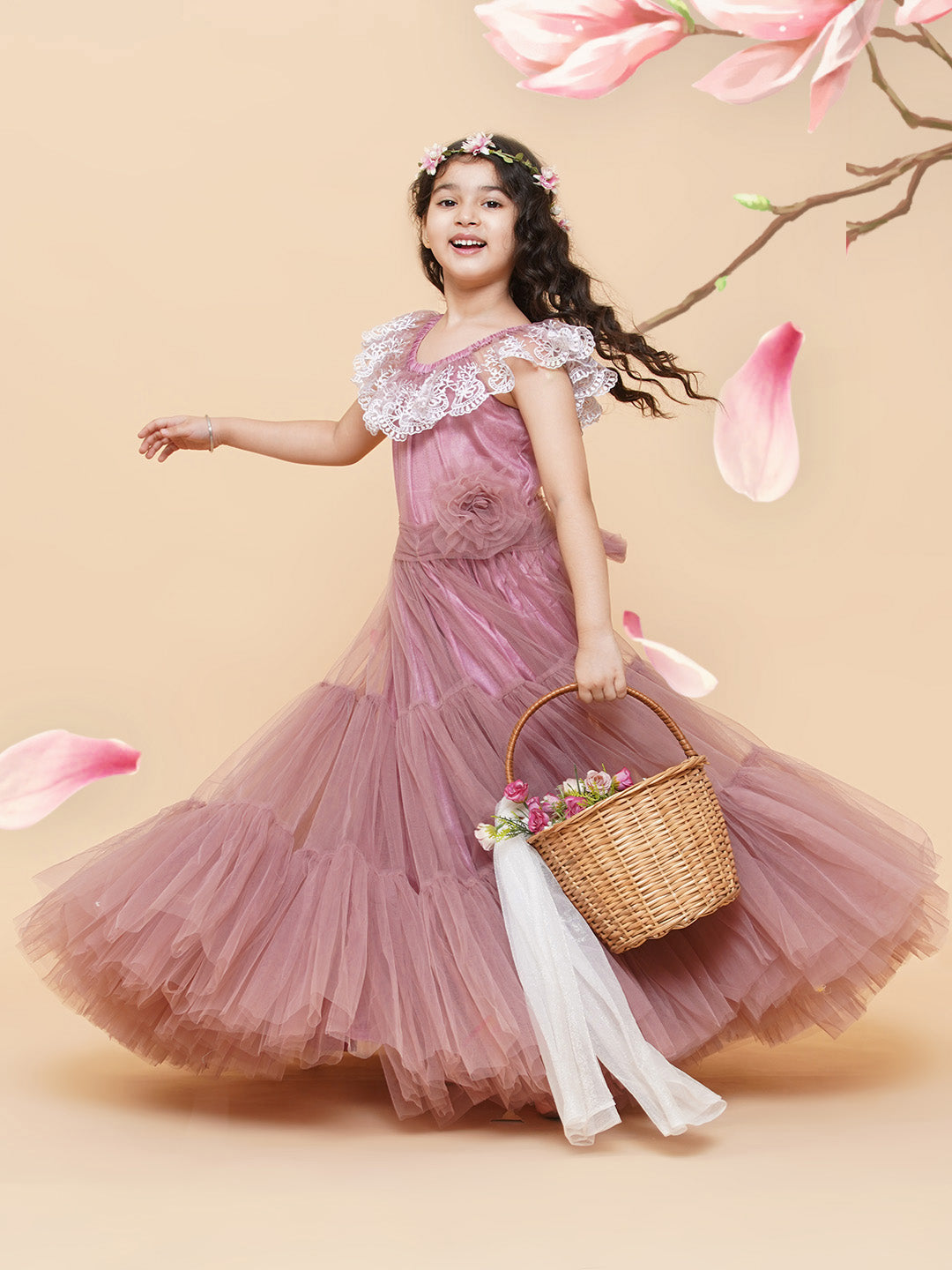 Girls Pink & White Floral Embroidered Net Mexi Dress for Kids - Bhama - Distacart
