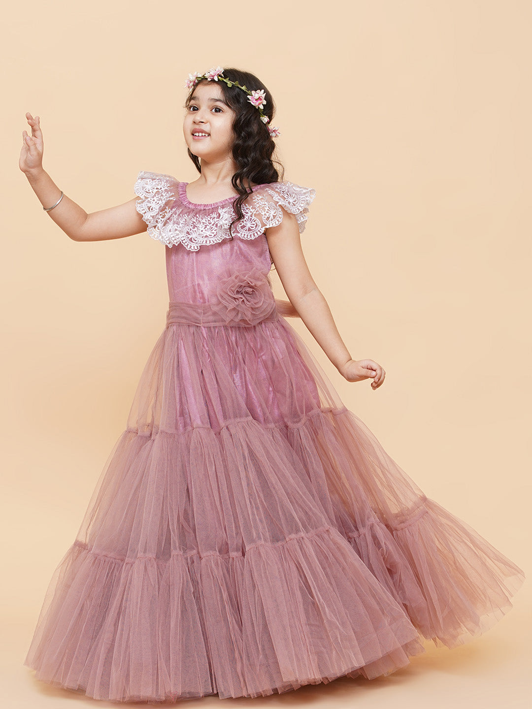 Girls Pink & White Floral Embroidered Net Mexi Dress for Kids - Bhama - Distacart