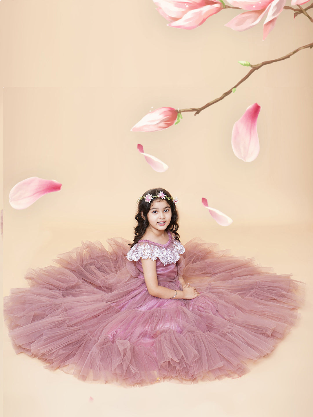Girls Pink & White Floral Embroidered Net Mexi Dress for Kids - Bhama - Distacart