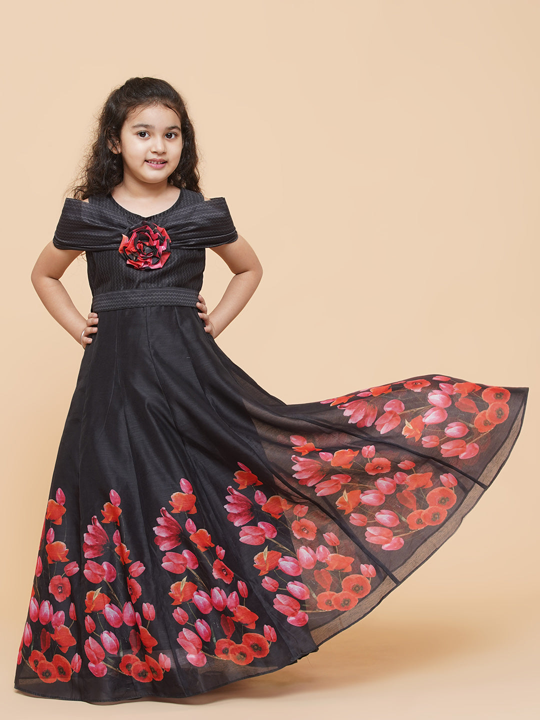 Girls Black Chnaderi Tulip Digital Print Fit & Flared Dress for Kids - Bhama - Distacart