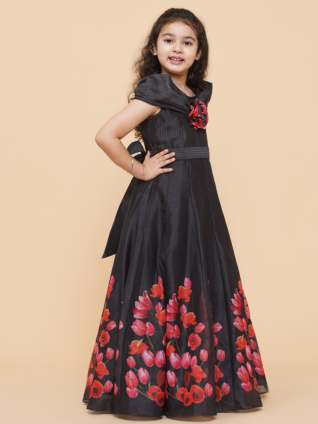 Girls Black Chnaderi Tulip Digital Print Fit & Flared Dress for Kids - Bhama - Distacart