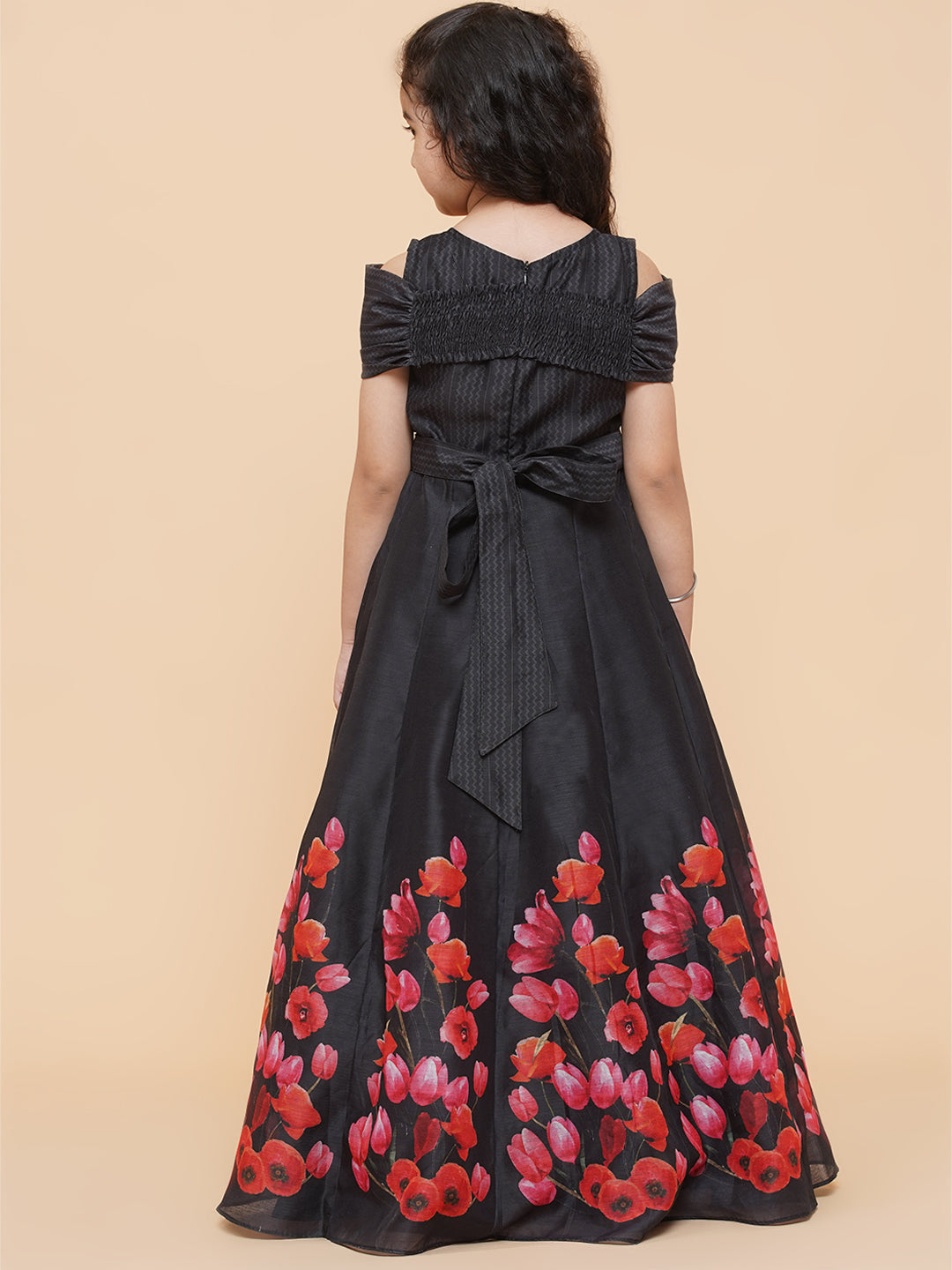 Girls Black Chnaderi Tulip Digital Print Fit & Flared Dress for Kids - Bhama - Distacart