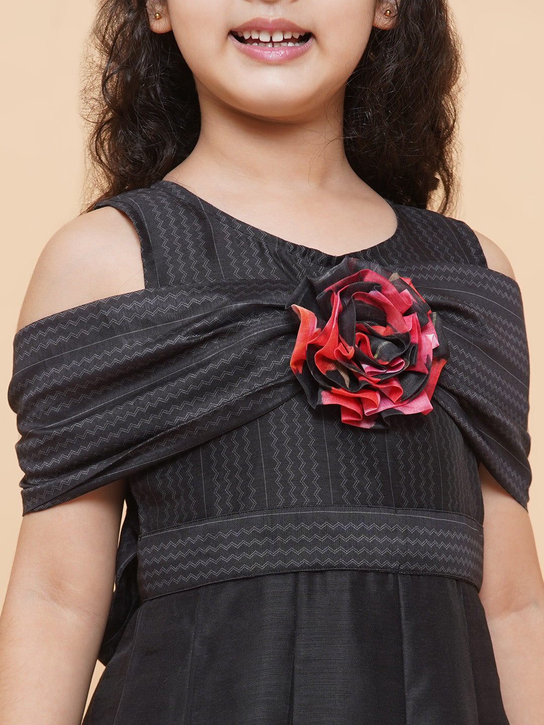 Girls Black Chnaderi Tulip Digital Print Fit & Flared Dress for Kids - Bhama - Distacart