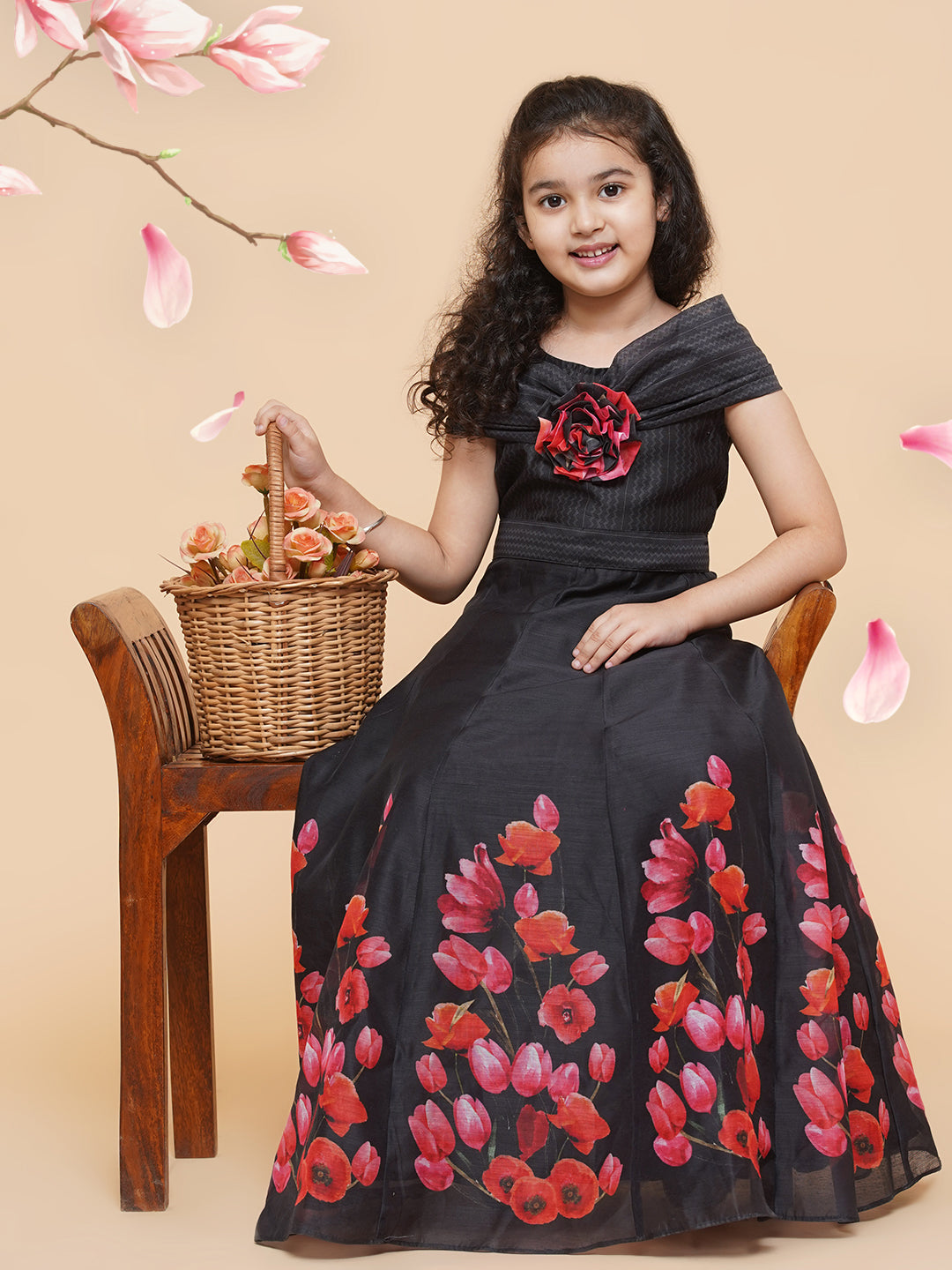Girls Black Chnaderi Tulip Digital Print Fit & Flared Dress for Kids - Bhama - Distacart