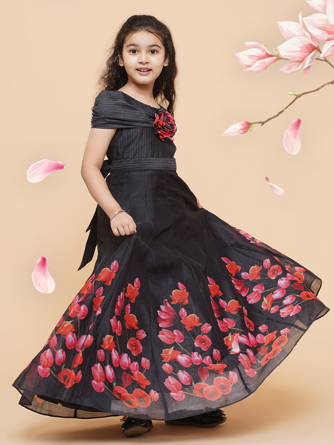 Girls Black Chnaderi Tulip Digital Print Fit & Flared Dress for Kids - Bhama - Distacart