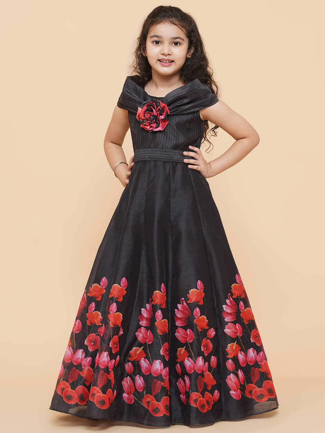 Girls Black Chnaderi Tulip Digital Print Fit & Flared Dress for Kids - Bhama - Distacart