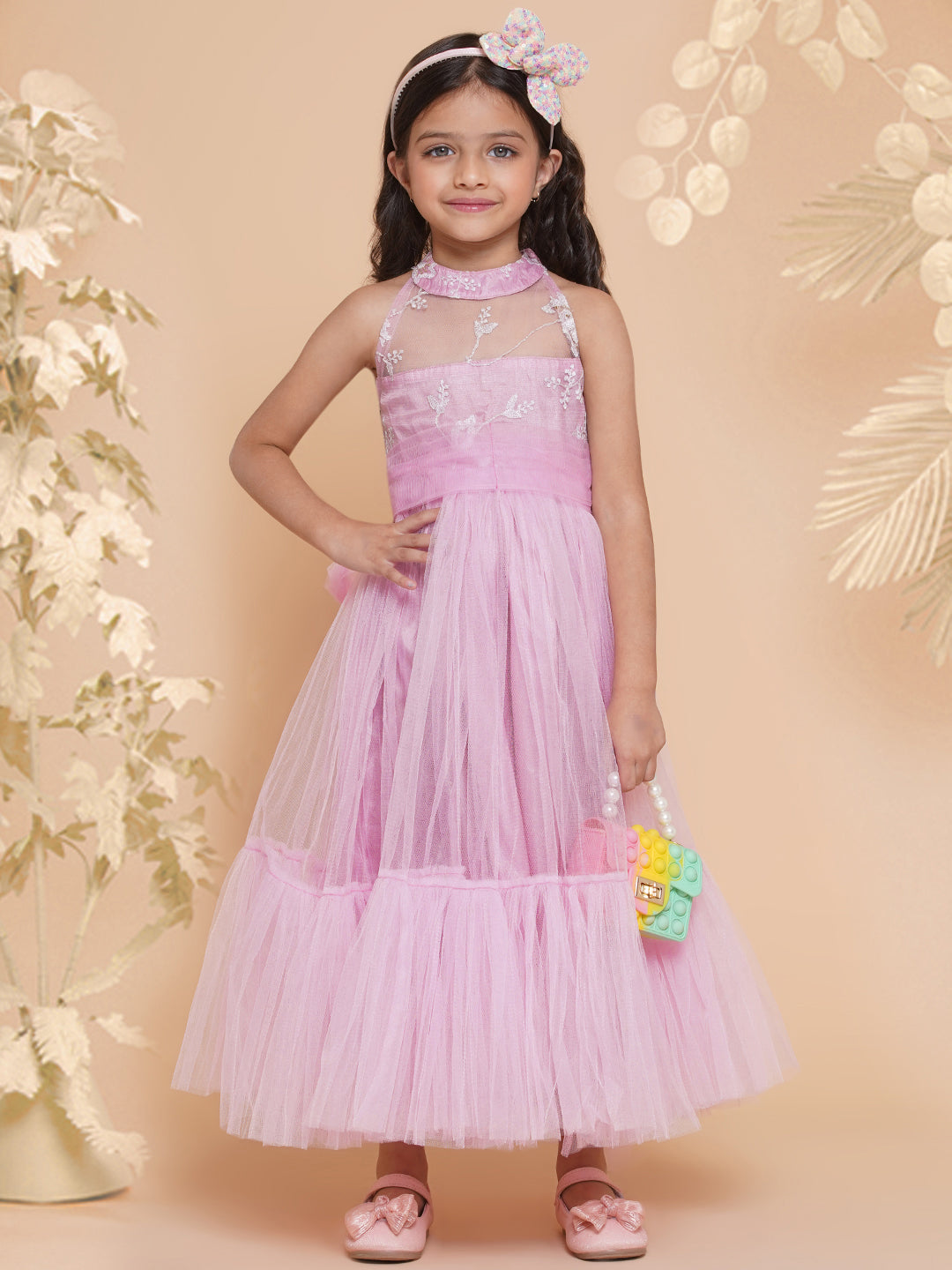 Girls Pink Net Floral Embroidered Gown for Kids - Bhama - Distacart