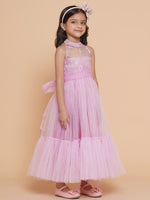 Thumbnail for Girls Pink Net Floral Embroidered Gown for Kids - Bhama - Distacart