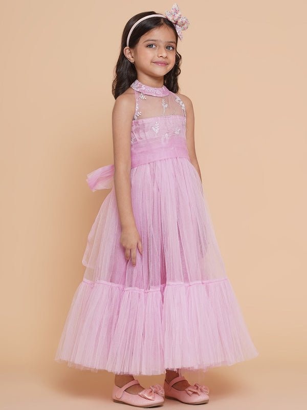 Girls Pink Net Floral Embroidered Gown for Kids - Bhama - Distacart