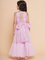 Thumbnail for Girls Pink Net Floral Embroidered Gown for Kids - Bhama - Distacart