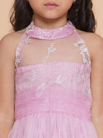 Thumbnail for Girls Pink Net Floral Embroidered Gown for Kids - Bhama - Distacart