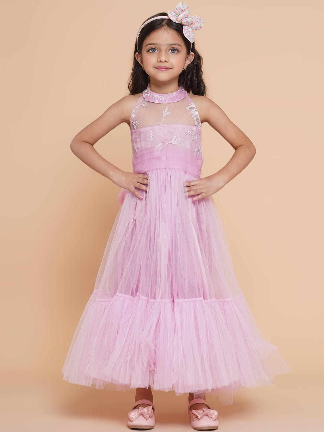 Girls Pink Net Floral Embroidered Gown for Kids - Bhama - Distacart