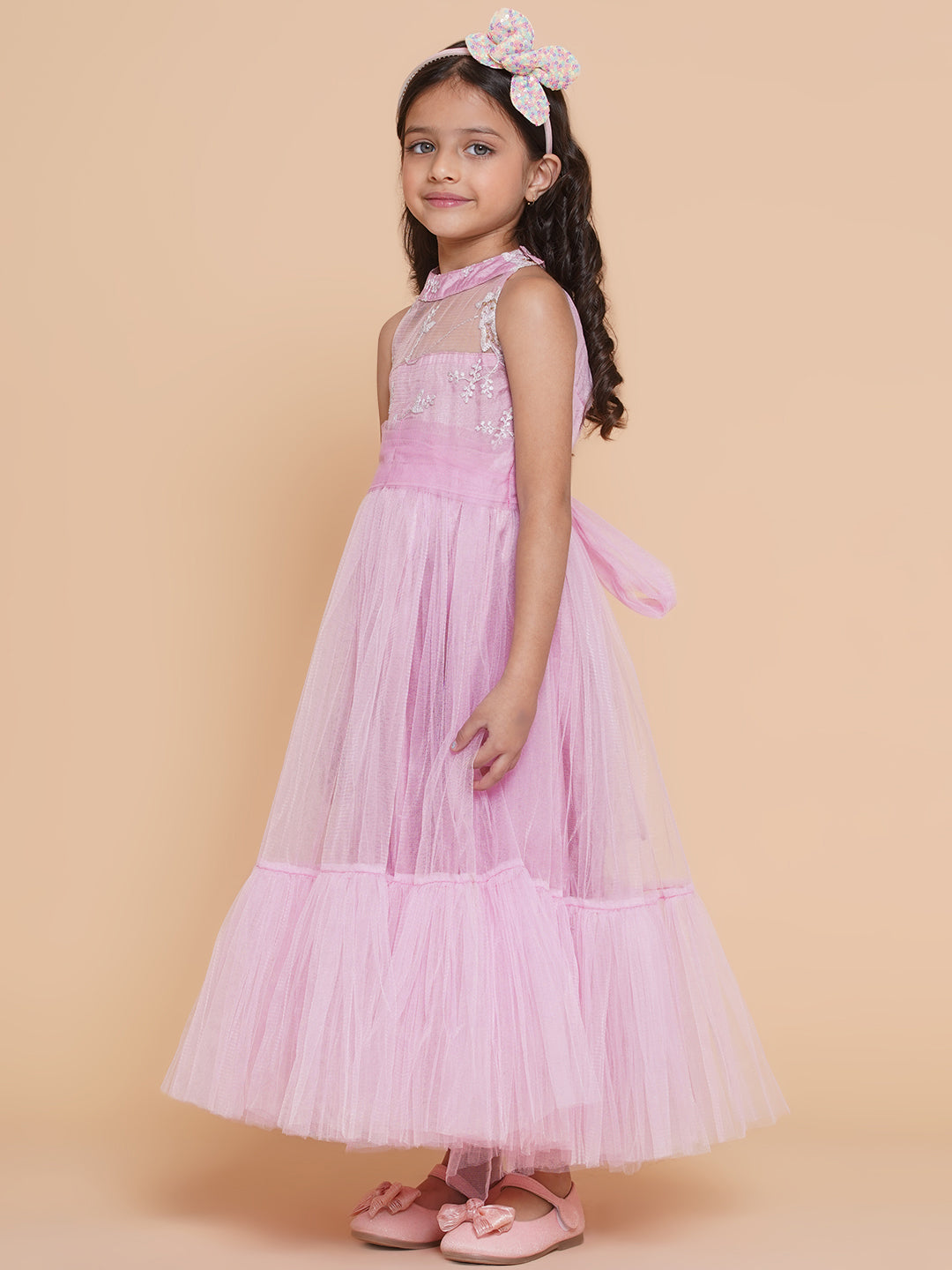 Girls Pink Net Floral Embroidered Gown for Kids - Bhama - Distacart