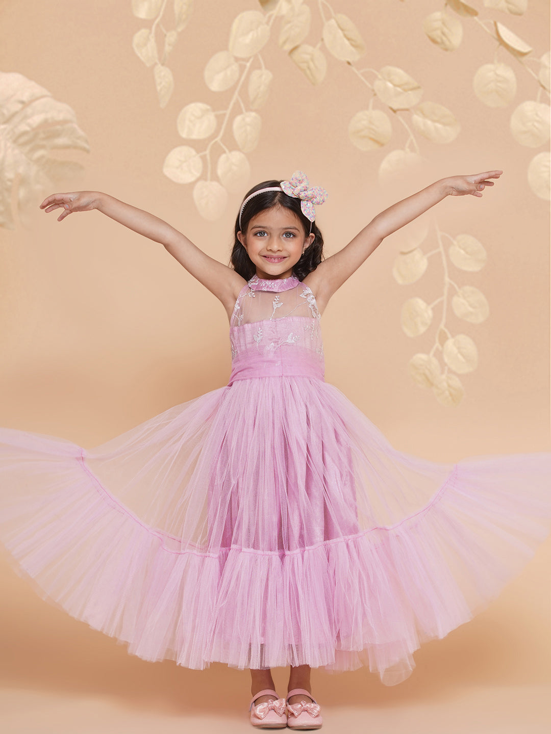 Girls Pink Net Floral Embroidered Gown for Kids - Bhama - Distacart