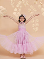 Thumbnail for Girls Pink Net Floral Embroidered Gown for Kids - Bhama - Distacart