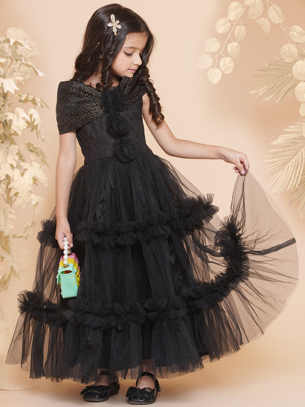 Girls Black Net Embellished Fit & Flared Maxi Dress. for Kids - Bhama - Distacart