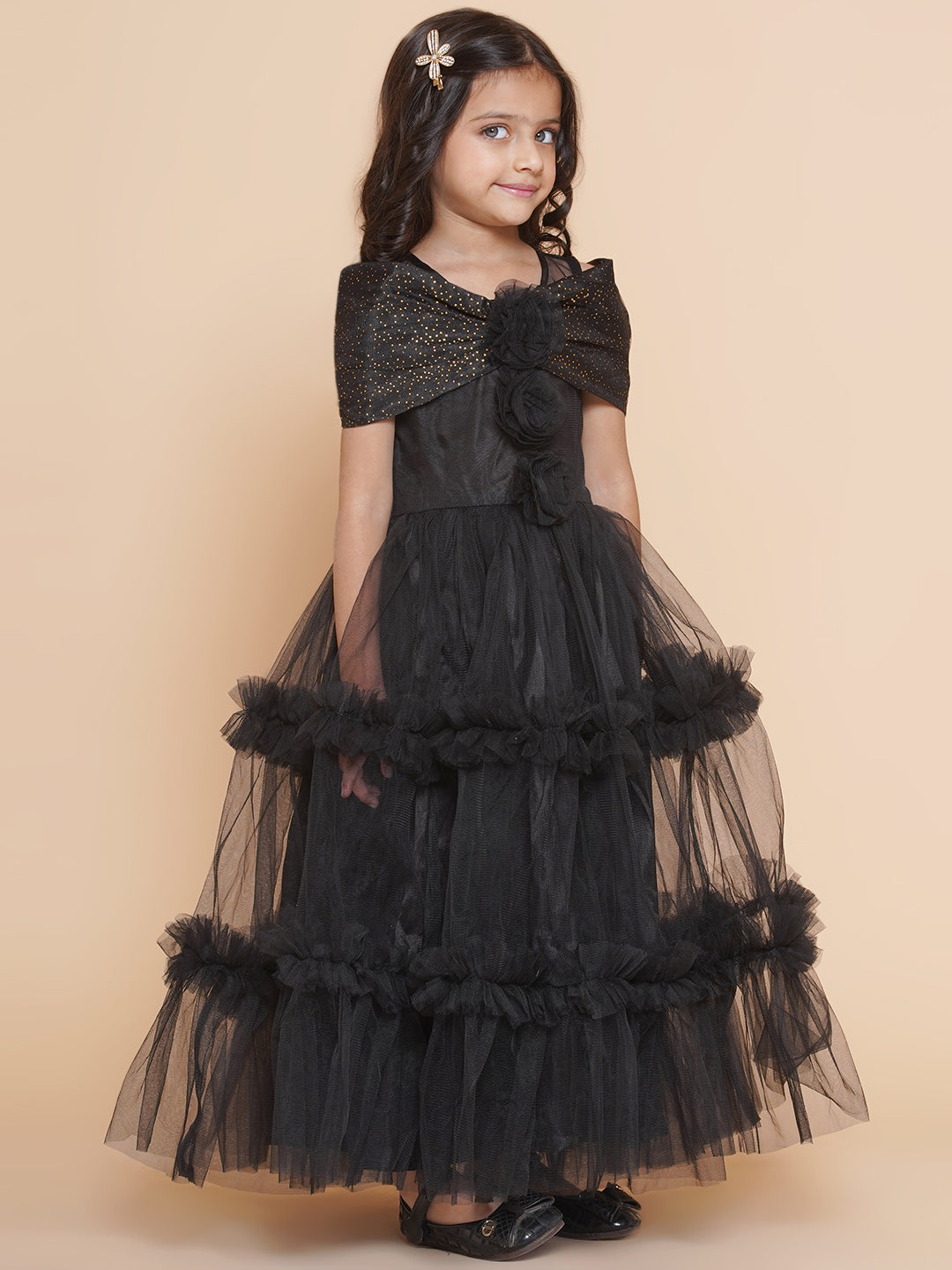 Girls Black Net Embellished Fit & Flared Maxi Dress. for Kids - Bhama - Distacart