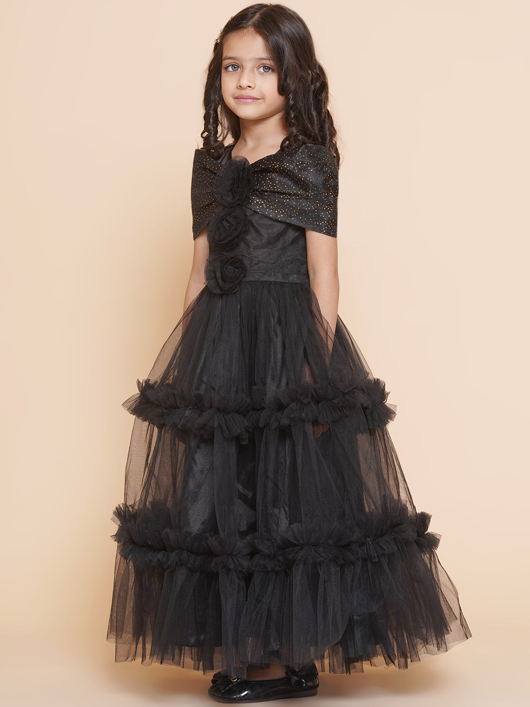Girls Black Net Embellished Fit & Flared Maxi Dress. for Kids - Bhama - Distacart