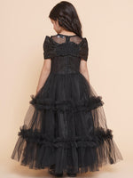 Thumbnail for Girls Black Net Embellished Fit & Flared Maxi Dress. for Kids - Bhama - Distacart