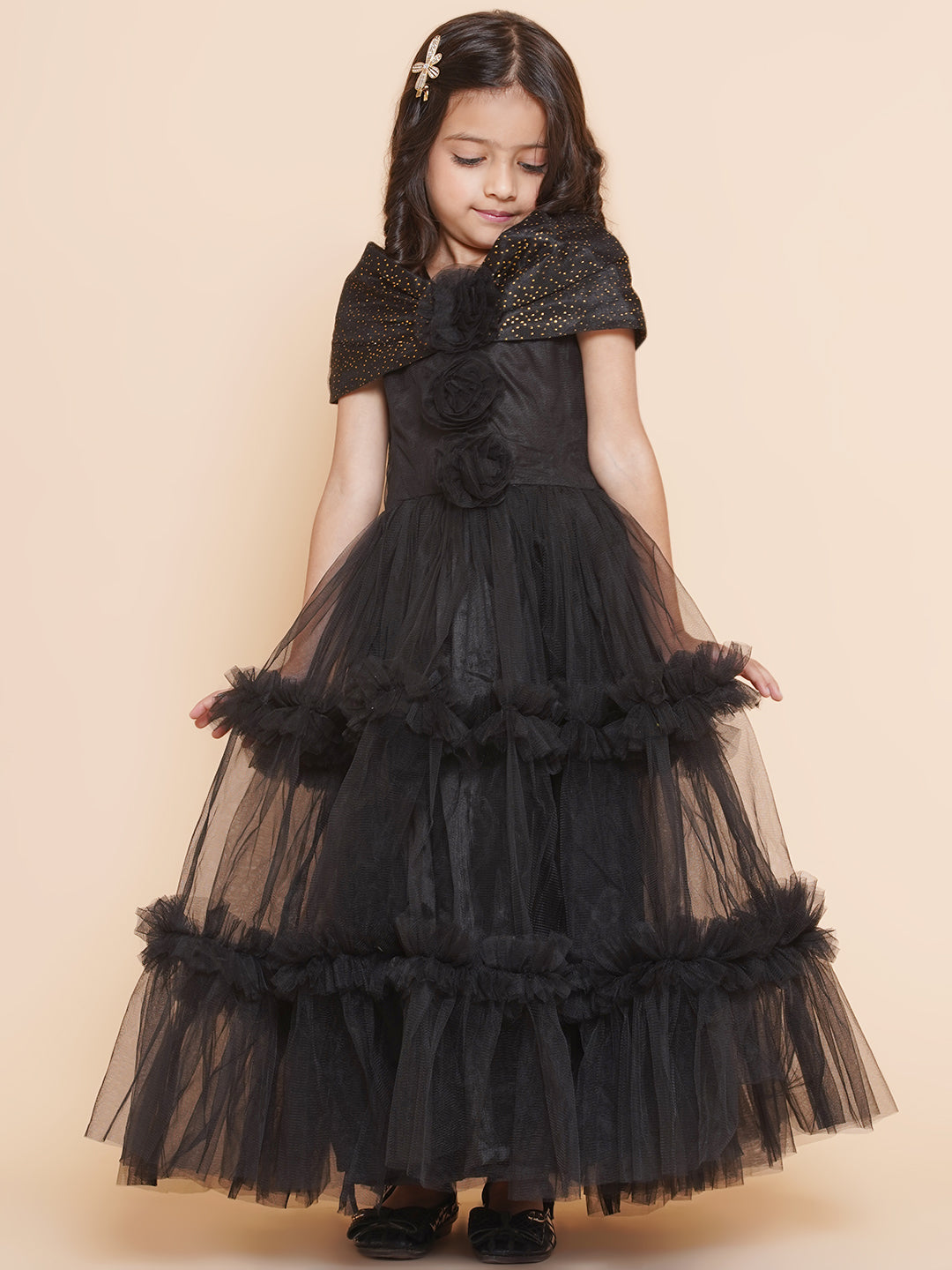 Girls Black Net Embellished Fit & Flared Maxi Dress. for Kids - Bhama - Distacart