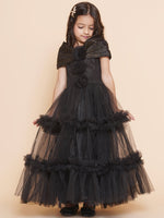 Thumbnail for Girls Black Net Embellished Fit & Flared Maxi Dress. for Kids - Bhama - Distacart