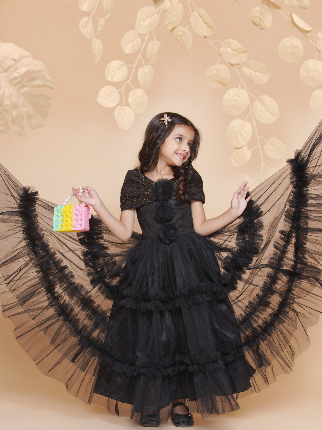 Girls Black Net Embellished Fit & Flared Maxi Dress. for Kids - Bhama - Distacart