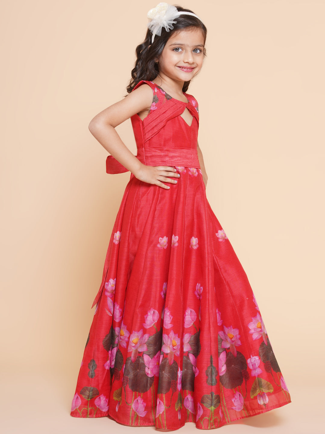 Girls Red Floral Printed Dress for Kids - Bhama - Distacart