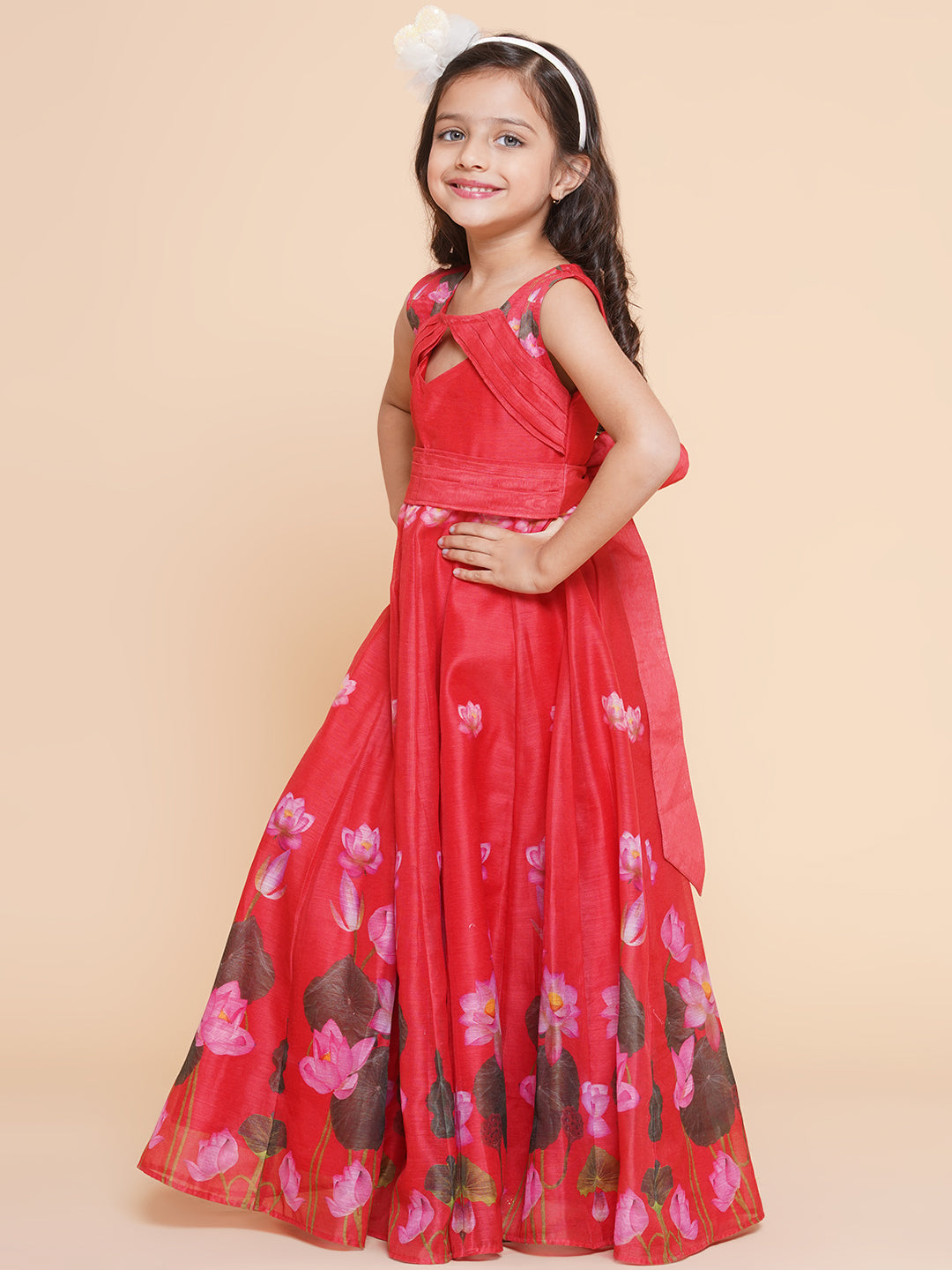 Girls Red Floral Printed Dress for Kids - Bhama - Distacart