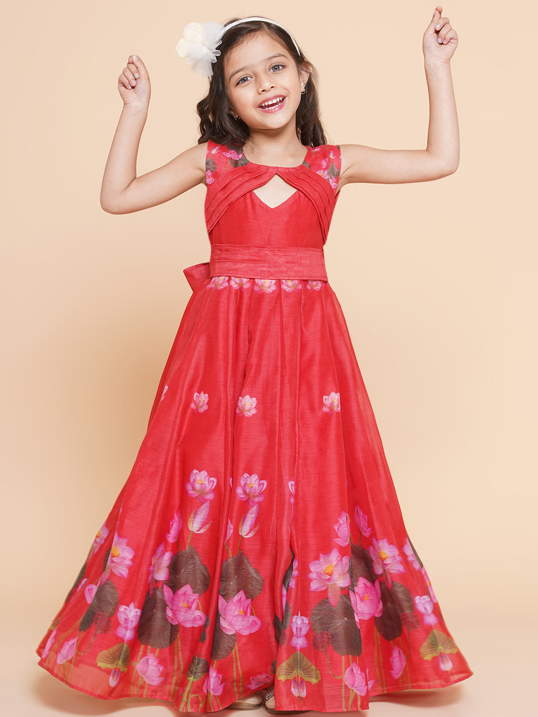 Girls Red Floral Printed Dress for Kids - Bhama - Distacart