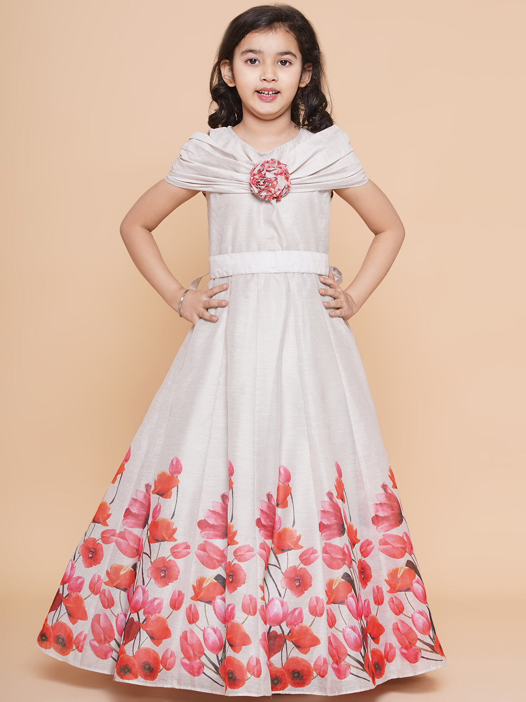 Girls Off White Flower Digital Printed Fit & Flared Maxi Dress. for Kids - Bhama - Distacart