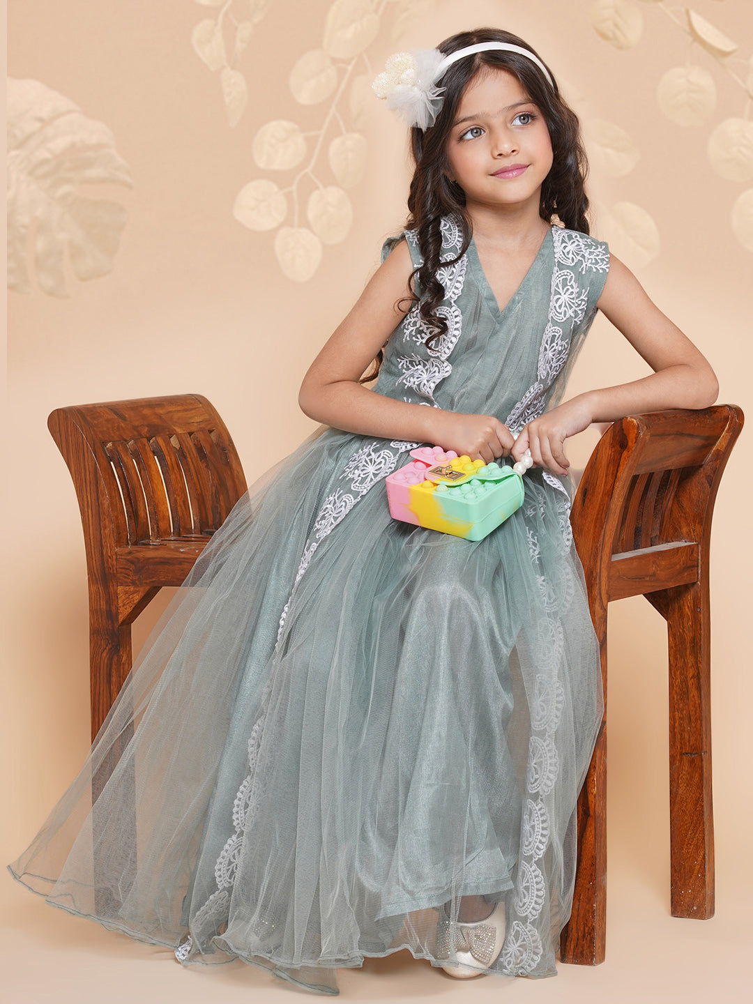 Girls Green Net Embroidered Fit & Flare Gown. for Kids - Bhama - Distacart
