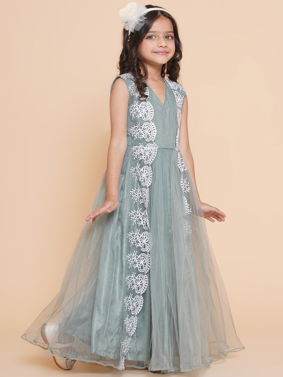 Girls Green Net Embroidered Fit & Flare Gown. for Kids - Bhama - Distacart