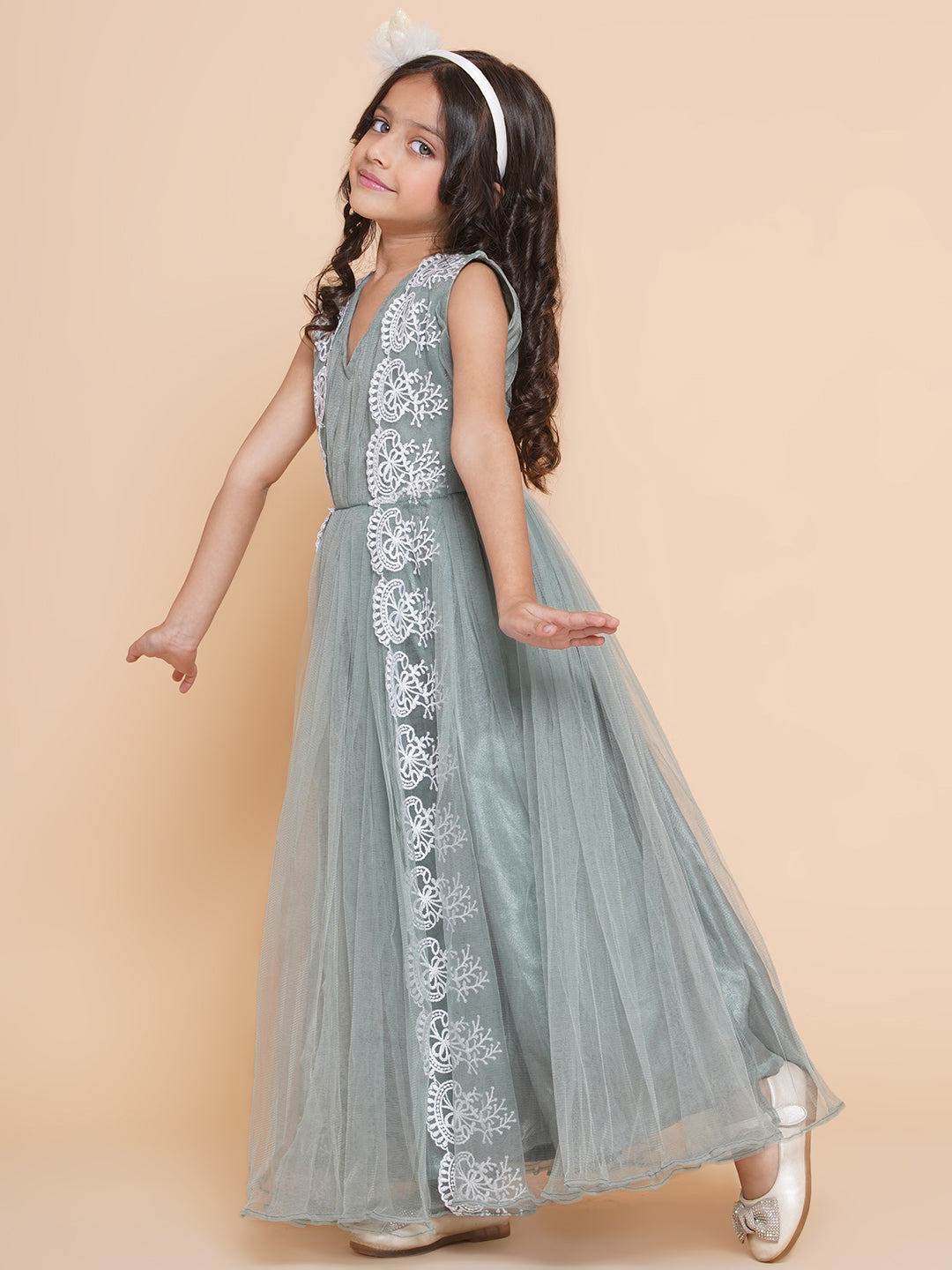 Girls Green Net Embroidered Fit & Flare Gown. for Kids - Bhama - Distacart