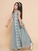 Thumbnail for Girls Green Net Embroidered Fit & Flare Gown. for Kids - Bhama - Distacart
