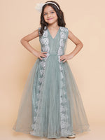 Thumbnail for Girls Green Net Embroidered Fit & Flare Gown. for Kids - Bhama - Distacart