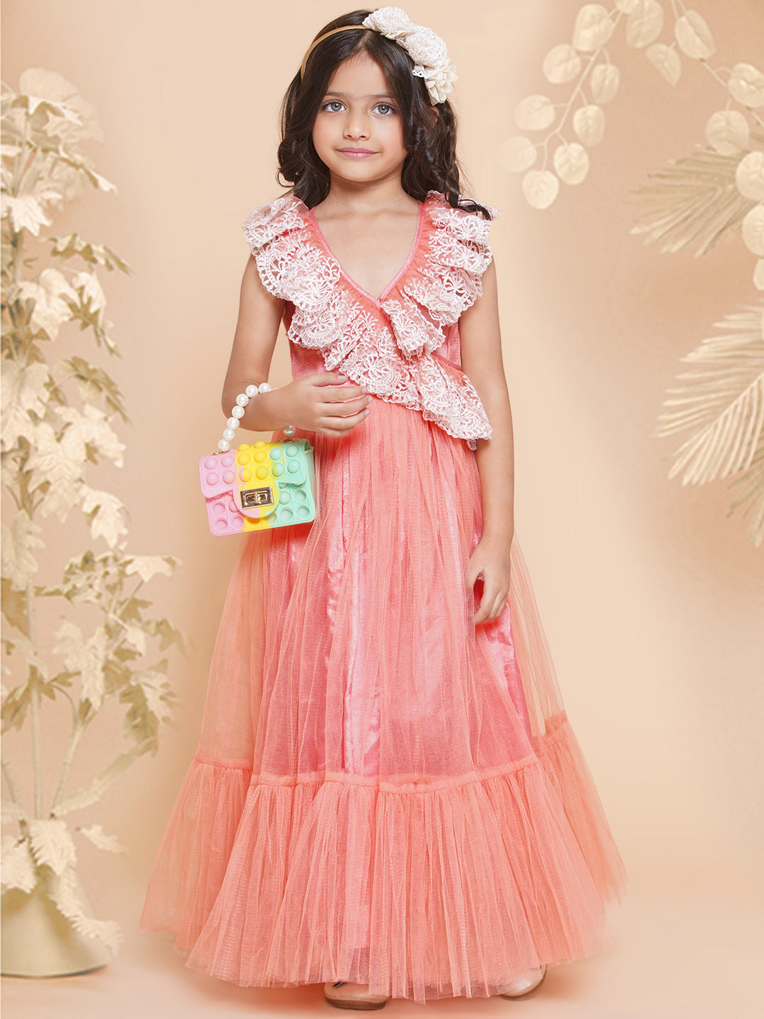 Girls Peach Net Embroidered Frill Gown for Kids - Bhama - Distacart