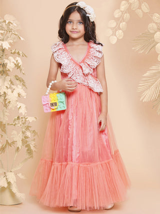 Girls Peach Net Embroidered Frill Gown for Kids - Bhama - Distacart