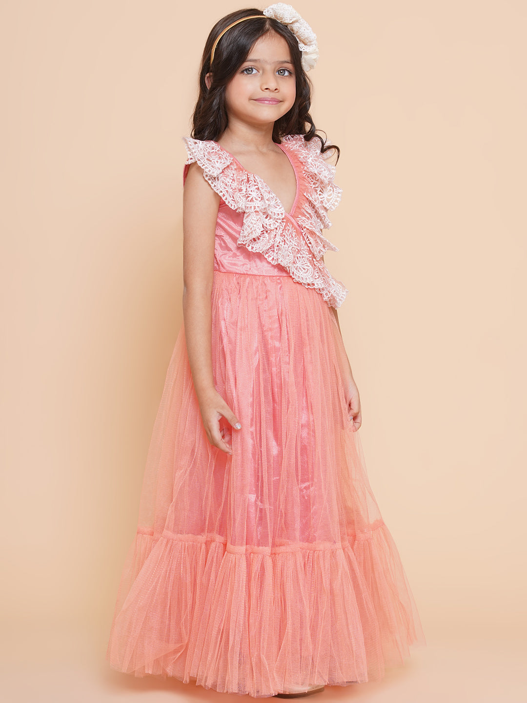 Girls Peach Net Embroidered Frill Gown for Kids - Bhama - Distacart