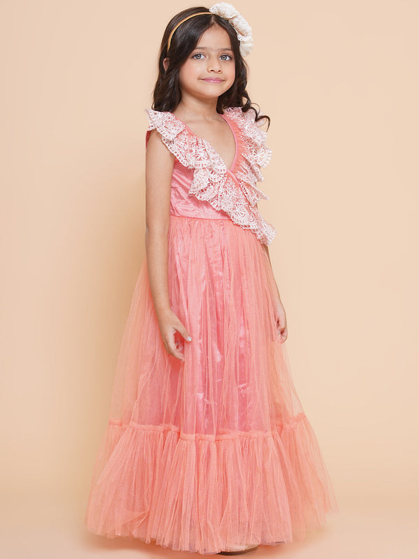Girls Peach Net Embroidered Frill Gown for Kids - Bhama - Distacart