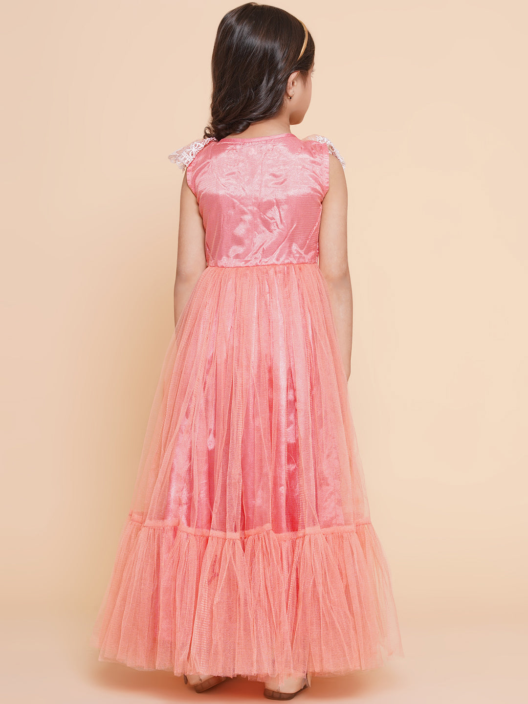 Girls Peach Net Embroidered Frill Gown for Kids - Bhama - Distacart