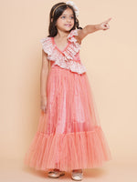 Thumbnail for Girls Peach Net Embroidered Frill Gown for Kids - Bhama - Distacart