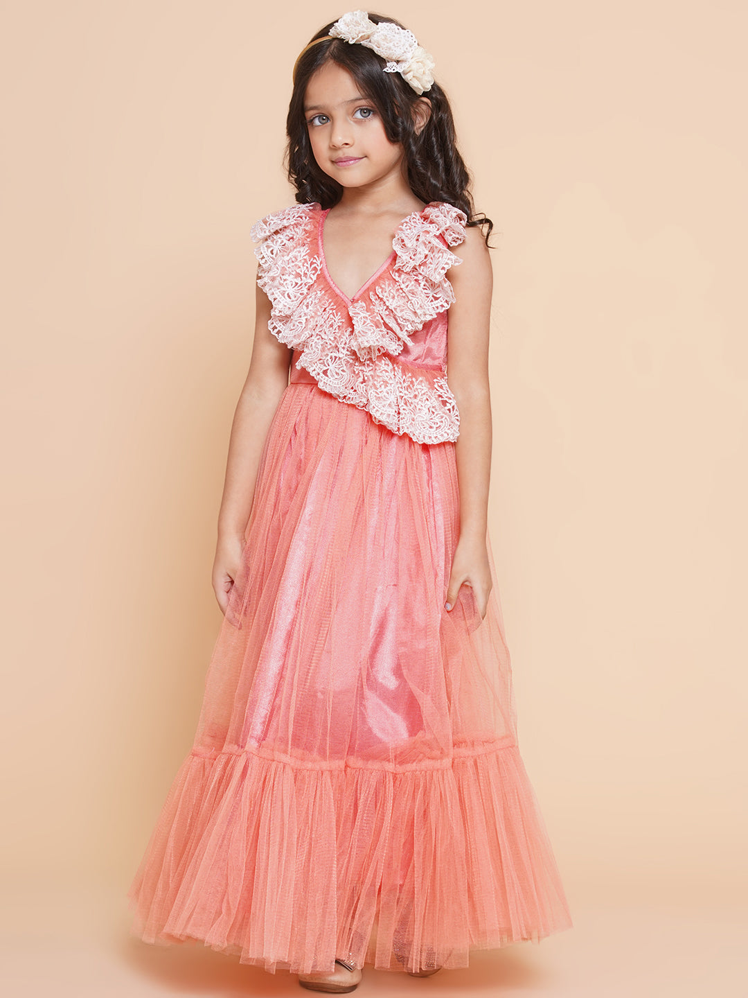 Girls Peach Net Embroidered Frill Gown for Kids - Bhama - Distacart