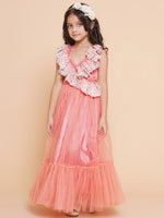 Thumbnail for Girls Peach Net Embroidered Frill Gown for Kids - Bhama - Distacart