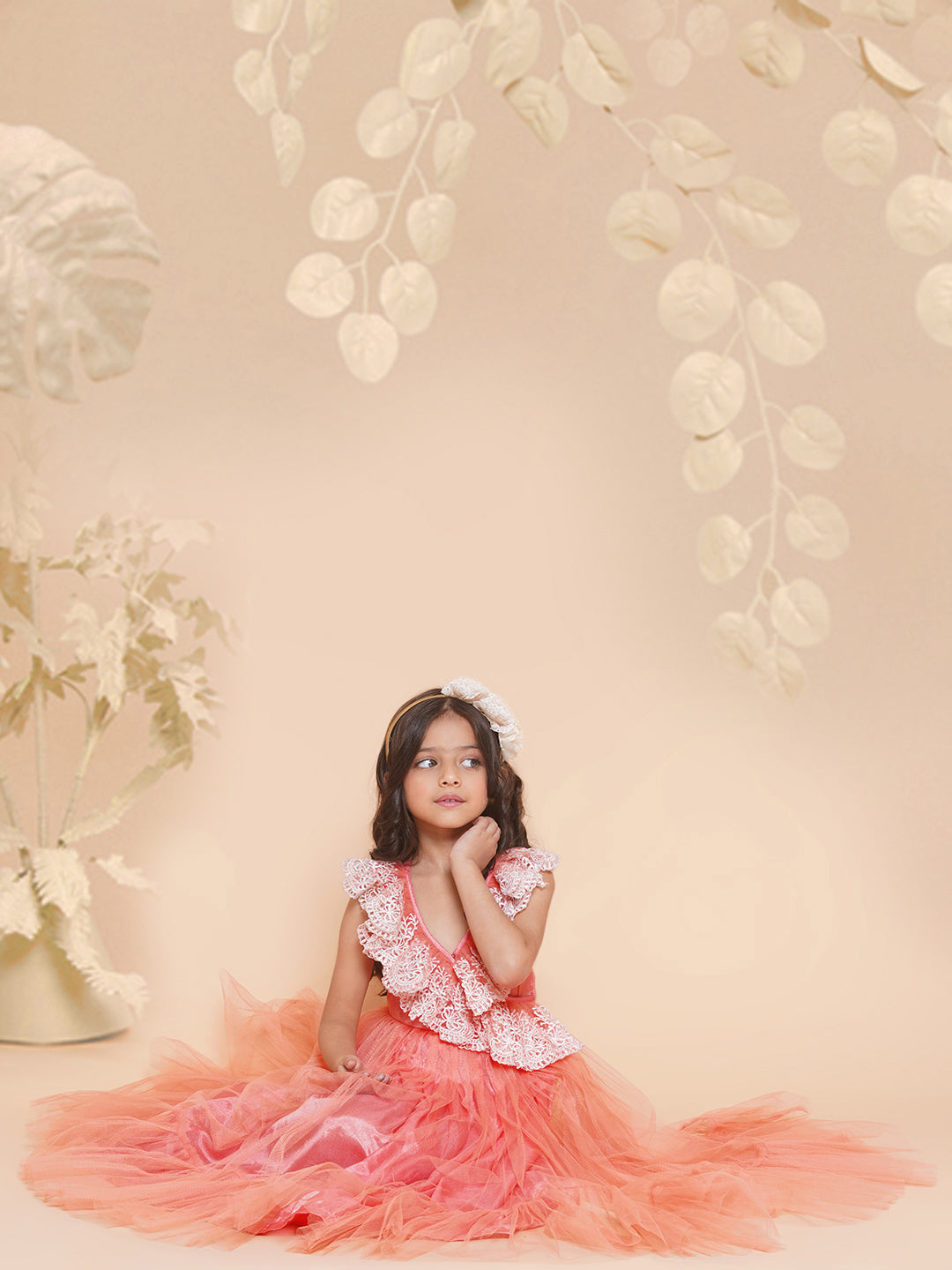 Girls Peach Net Embroidered Frill Gown for Kids - Bhama - Distacart