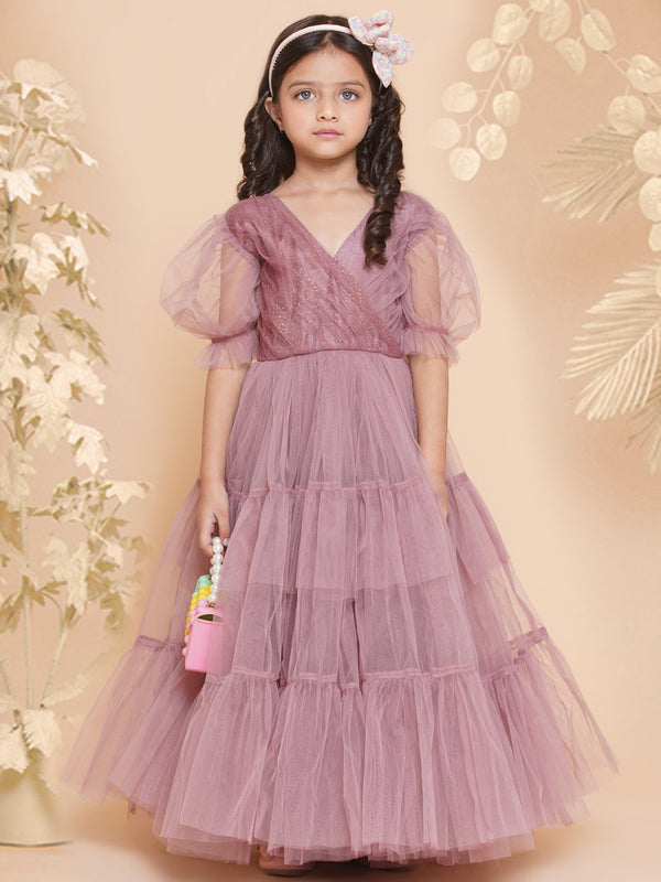 Girls Onion Pink Net Embellished Fit & Flared Maxi Dress. for Kids - Bhama - Distacart