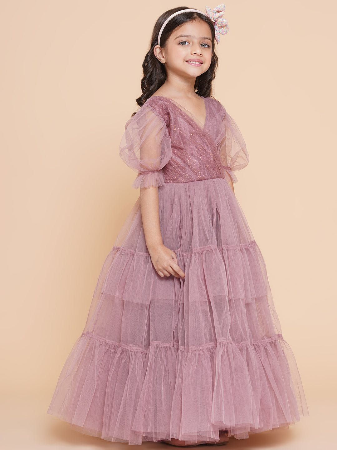 Girls Onion Pink Net Embellished Fit & Flared Maxi Dress. for Kids - Bhama - Distacart