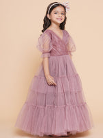 Thumbnail for Girls Onion Pink Net Embellished Fit & Flared Maxi Dress. for Kids - Bhama - Distacart